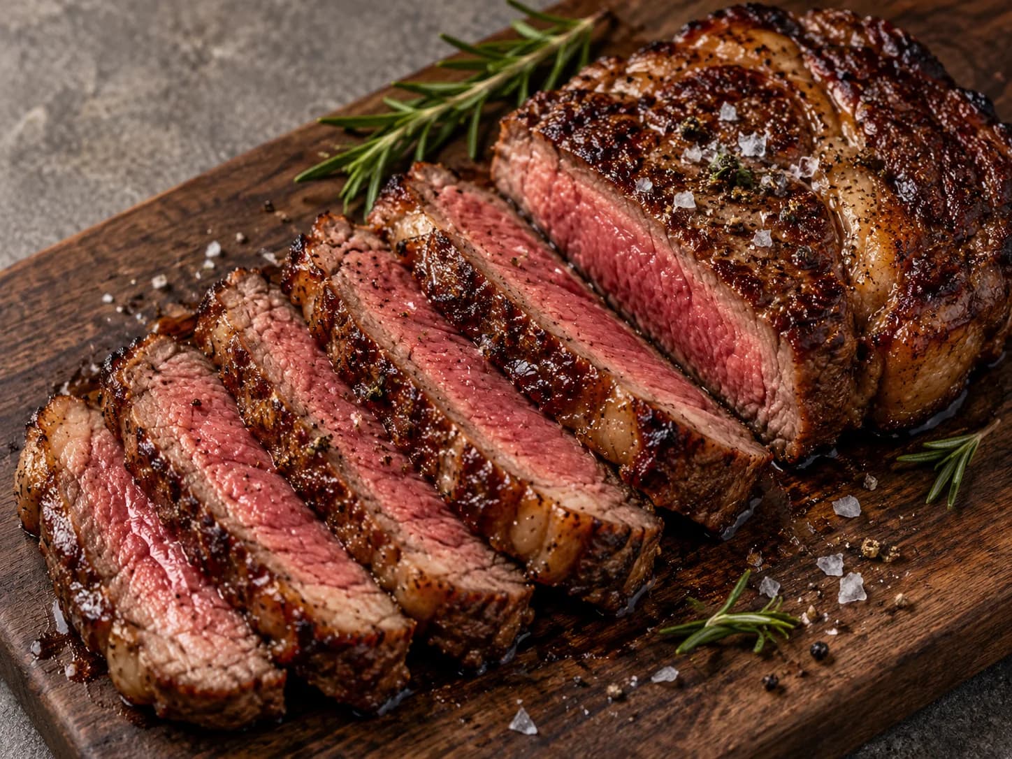 Juicy sliced ribeye with a caramelized crust, rosemary and flaky salt on a wooden board